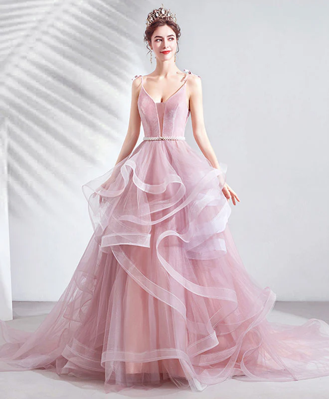 Pink V Neck Tulle Long Prom Dress Pink Tulle Evening Dress - Deanwangkt