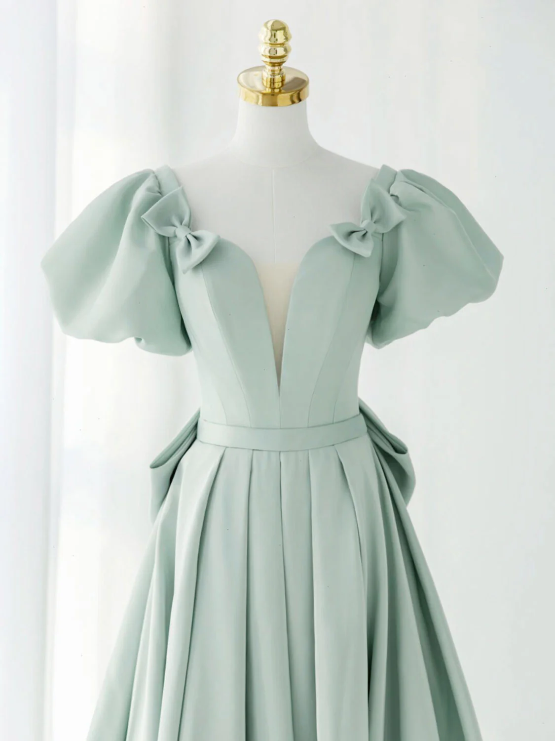A-Line Green Puffy Sleeve Short Prom Dress, Green Formal Dress - Deanwangkt