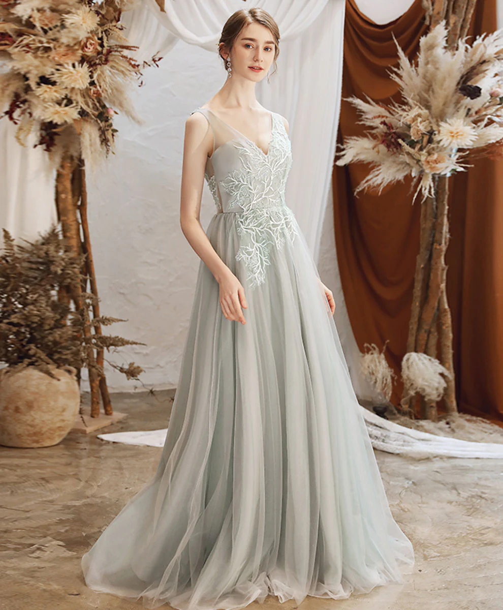 Gray Green Tulle Lace Long Prom Dress Gray Tulle Formal Dress - Deanwangkt