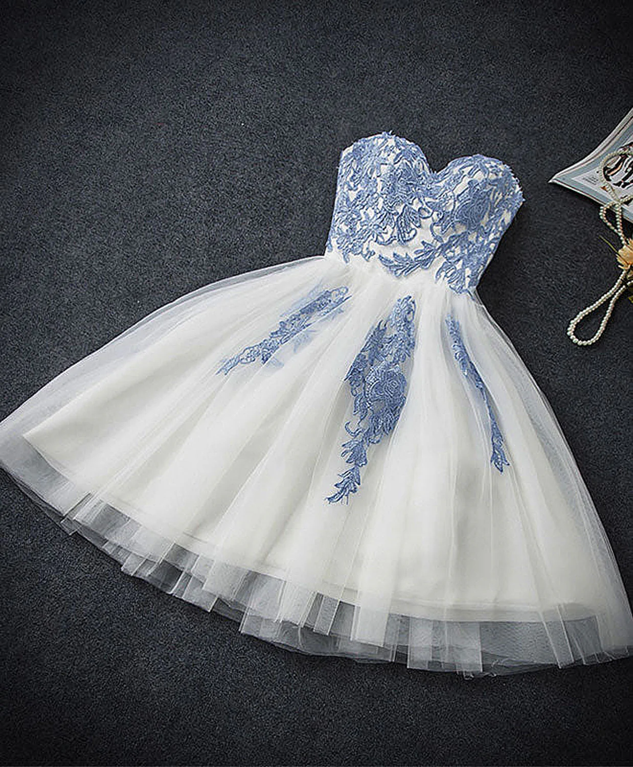 Cute Blue Sweetheart Neck Tulle Lace Short Prom Dress, Blue Homecoming Dress - Deanwangkt