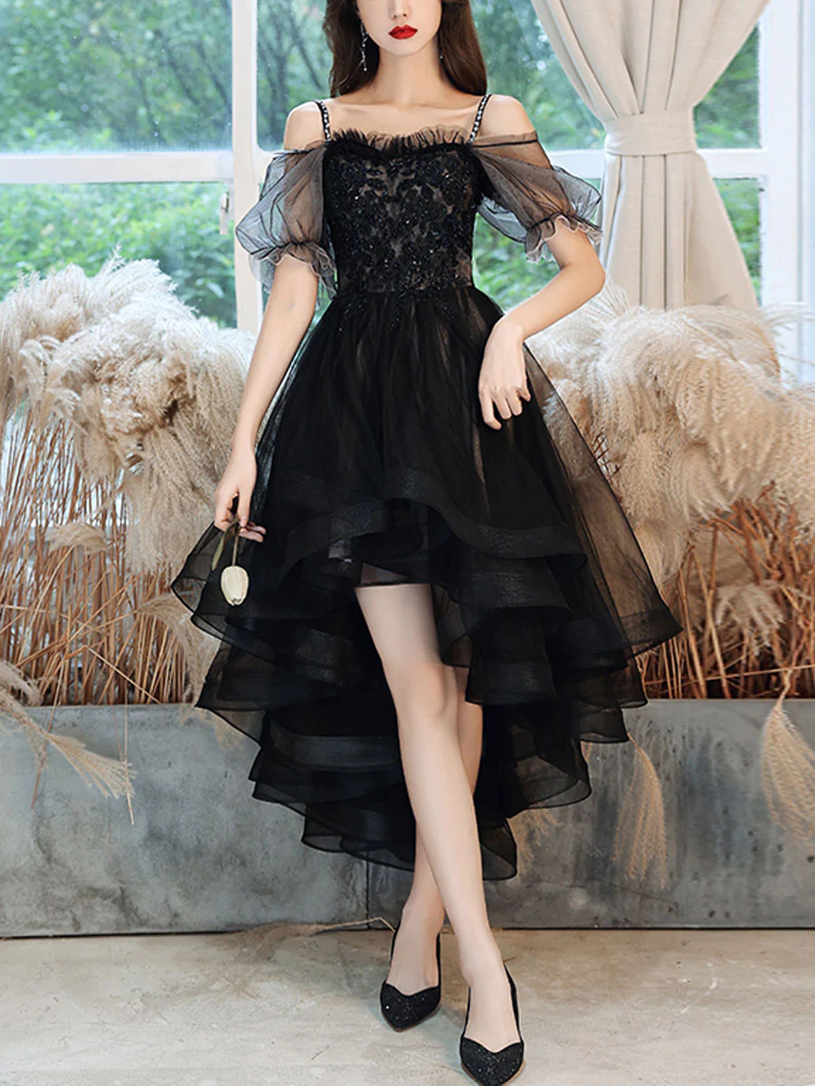 Black Sweetheart Tulle Lace High Low Prom Dress, Black Homecoming Dress - Deanwangkt