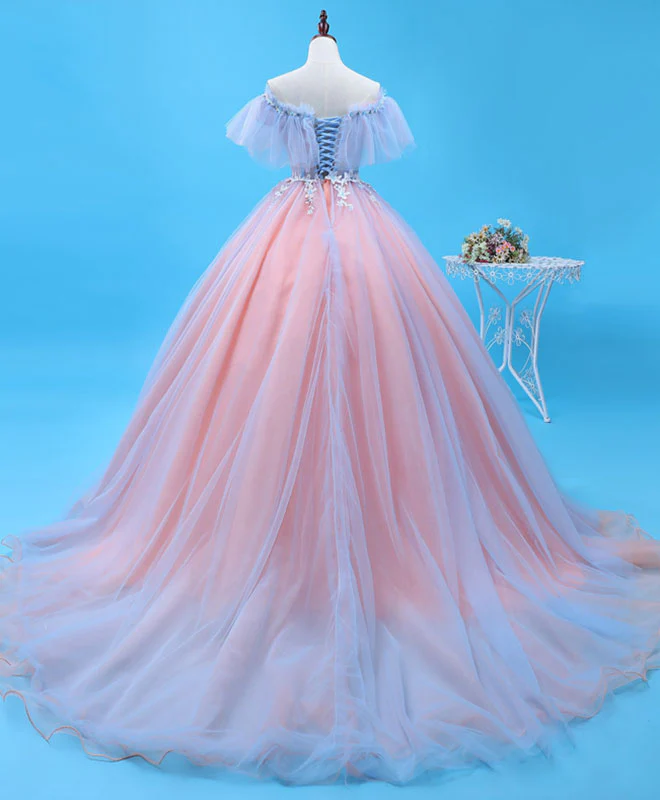 Pink Tulle Lace Long Prom Gown, Evening Dress - Deanwangkt