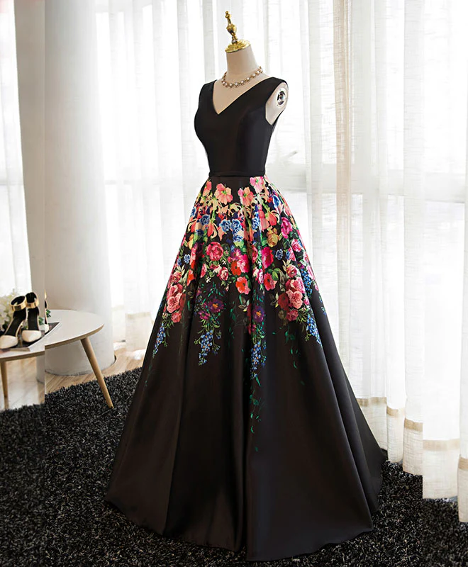 Black V Neck Floral Patterns Long Prom Dress, Black Evening Dress - Deanwangkt