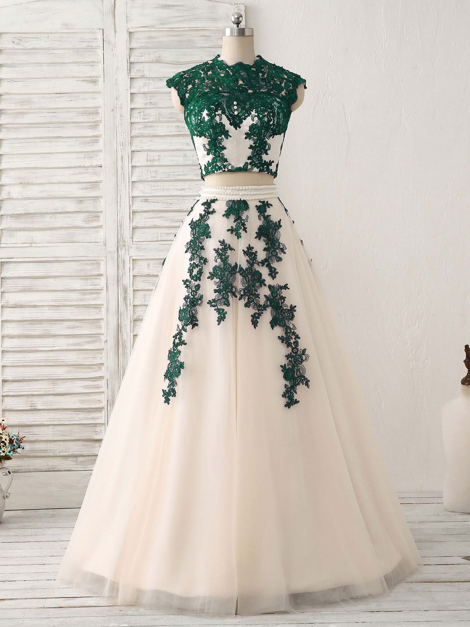 Dark Blue Two Pieces Lace Tulle Long Prom Dress Blue Evening Dress - Deanwangkt