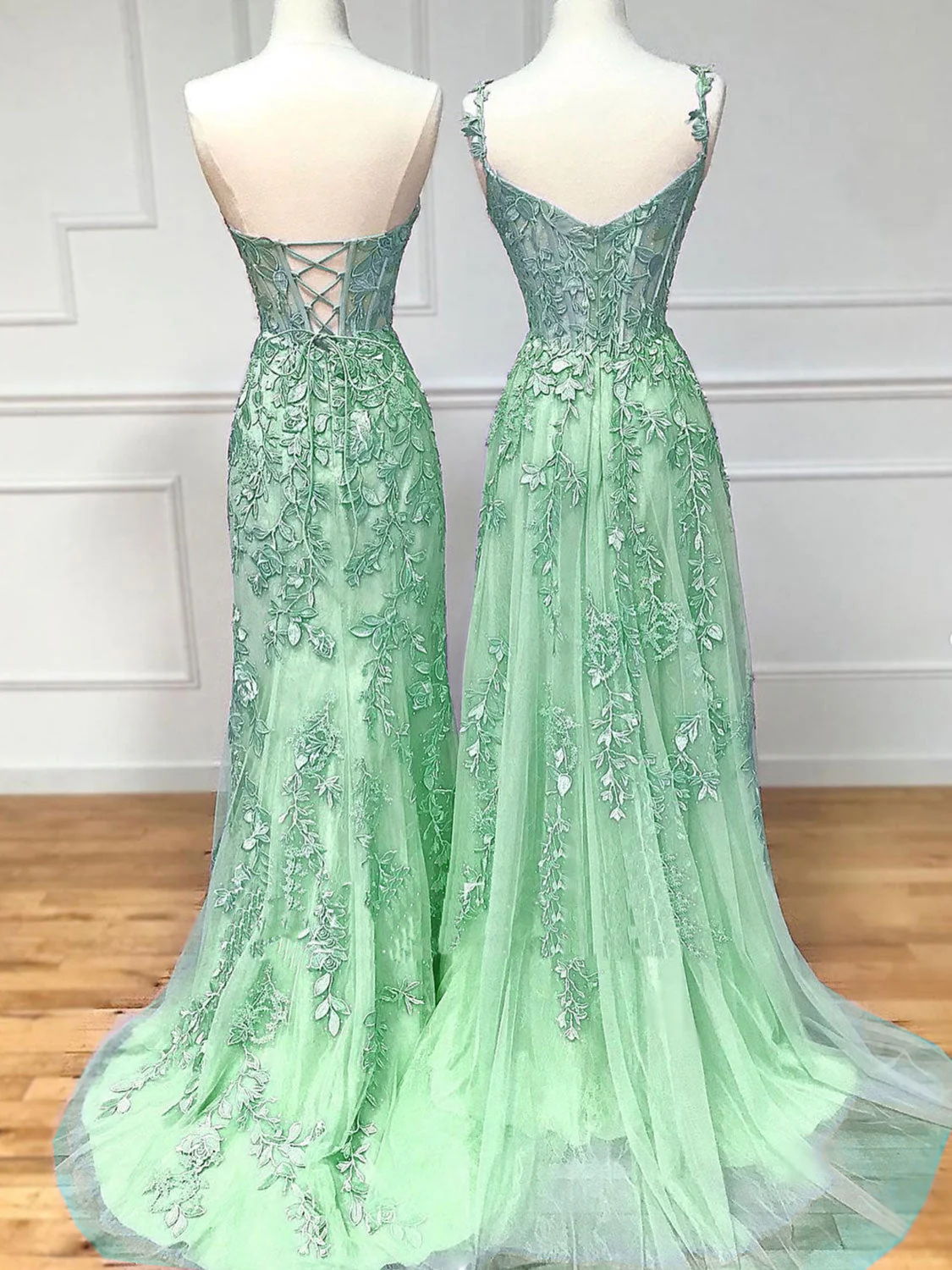 A-Line Tulle Lace Green Long Prom Dress, Green Lace Long Graduation Dress - Deanwangkt