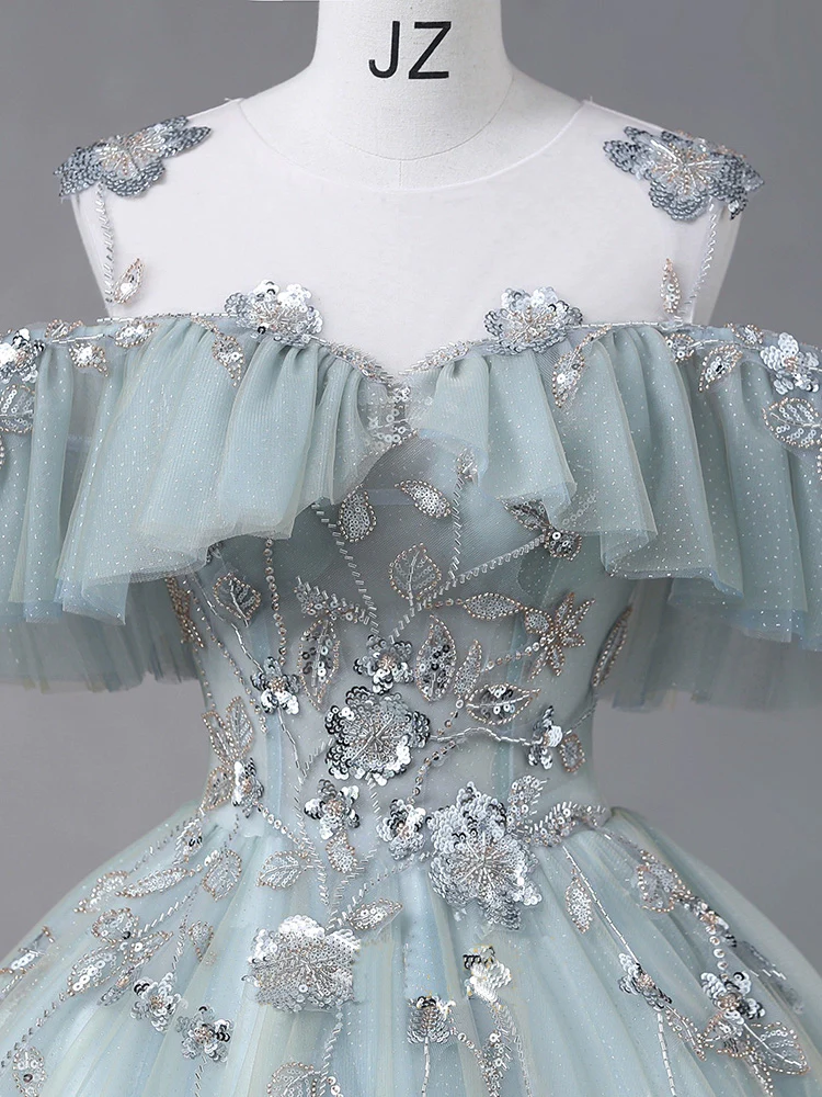 A-Line Blue Tulle sequin Lace Long Prom Dress, Blue Lace Sweet 16 Dress - Deanwangkt