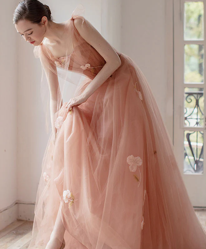Pink V Neck Tulle Long Prom Dress, Tulle Pink Evening Dress - Deanwangkt