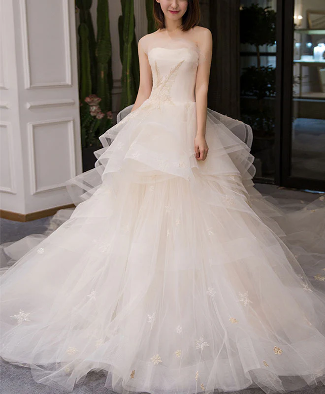 Light Champagne Tulle Long Wedding Dress, Champagne Bridal Dress - Deanwangkt