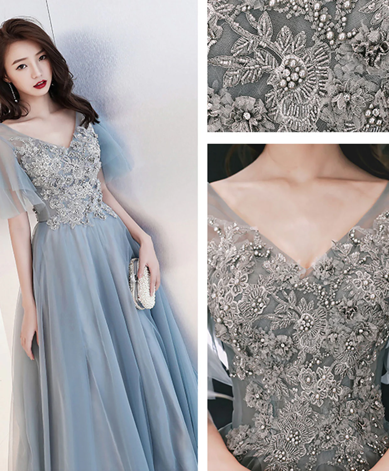 Gray V Neck Cap Sleeve Tulle Lace Long Prom Dress, Evening Dress - Deanwangkt