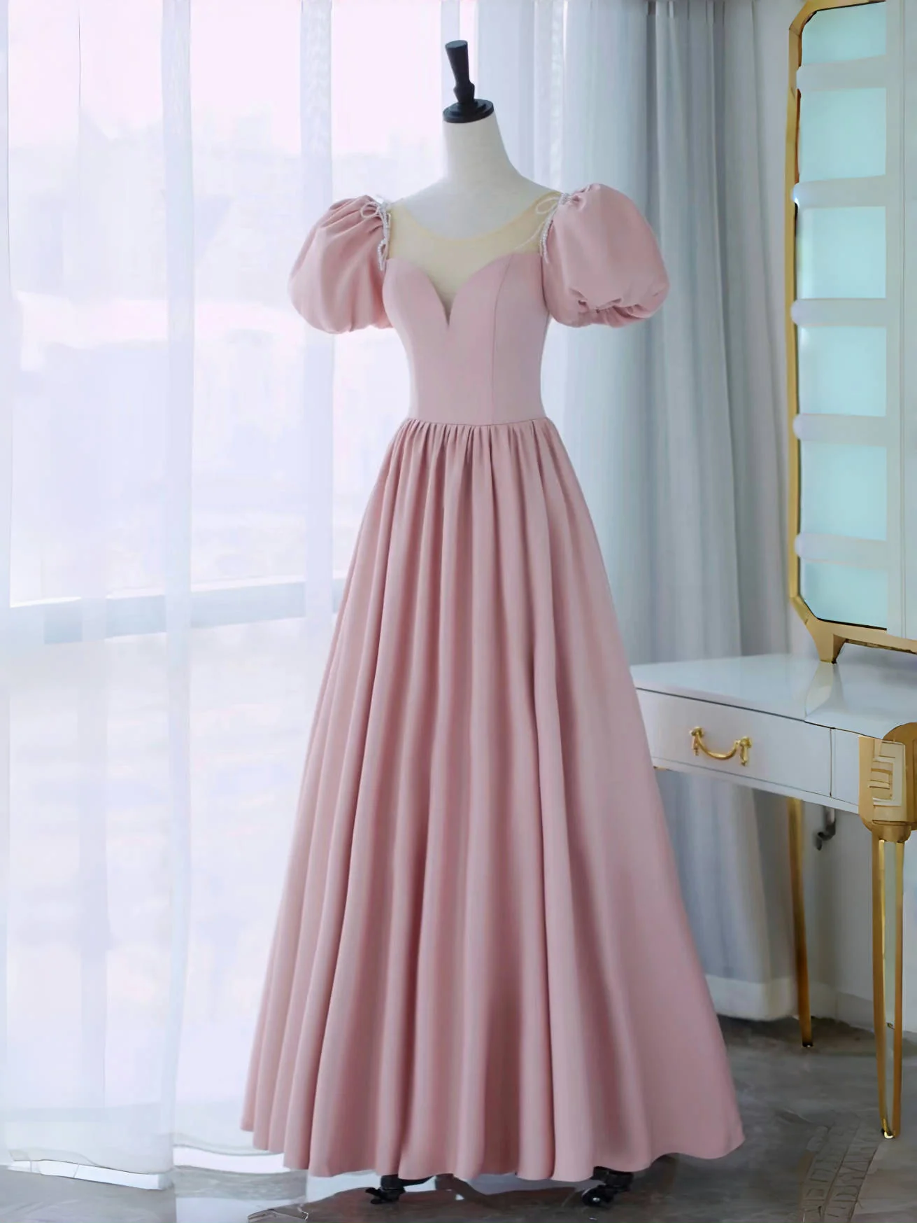 A-Line Puff Sleeves Satin Pink Long Prom Dress, Pink Long Formal Dress - Deanwangkt