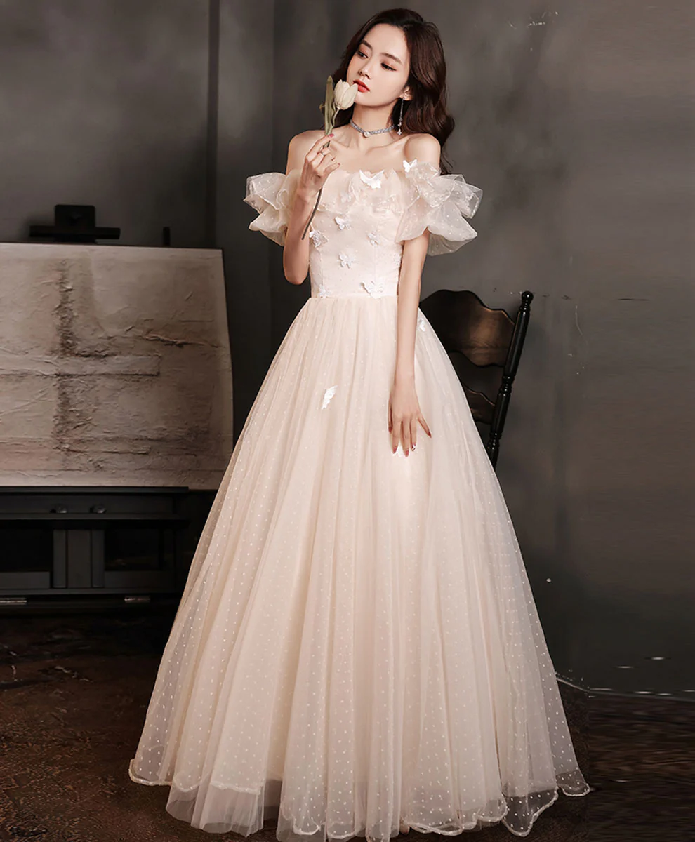 Champagne Long Prom Dress, A line Tulle Formal Graduation Dress with Butterfly - Deanwangkt