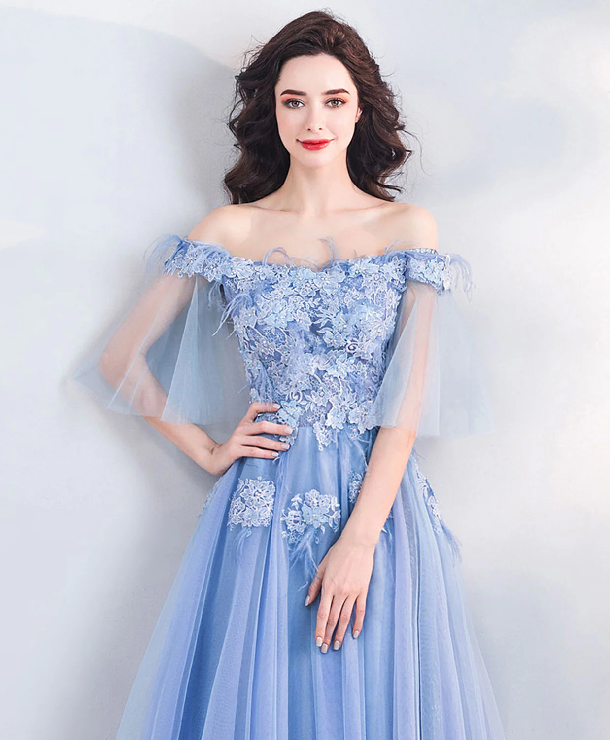 Unique Blue Tulle Off Shoulder Long Prom Dress, Blue Evening Dress - Deanwangkt
