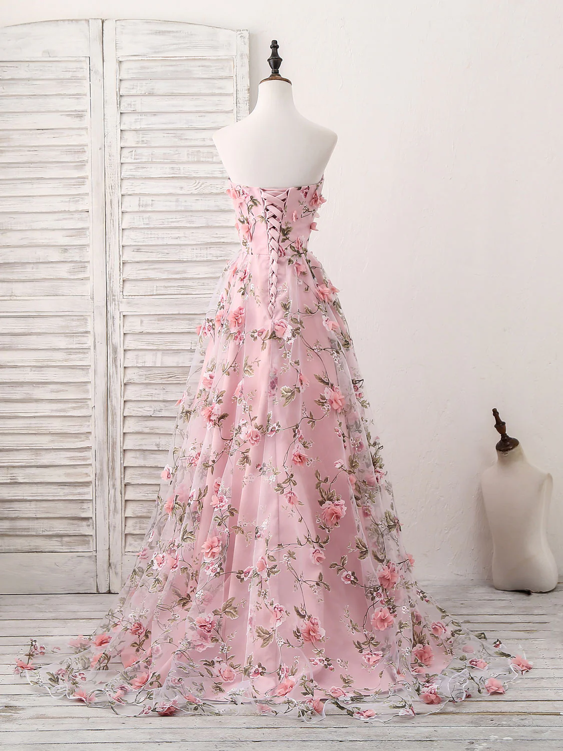 Pink Sweetheart Neck Tulle 3D Applique Long Prom Dress, Pink Evening Dress - Deanwangkt