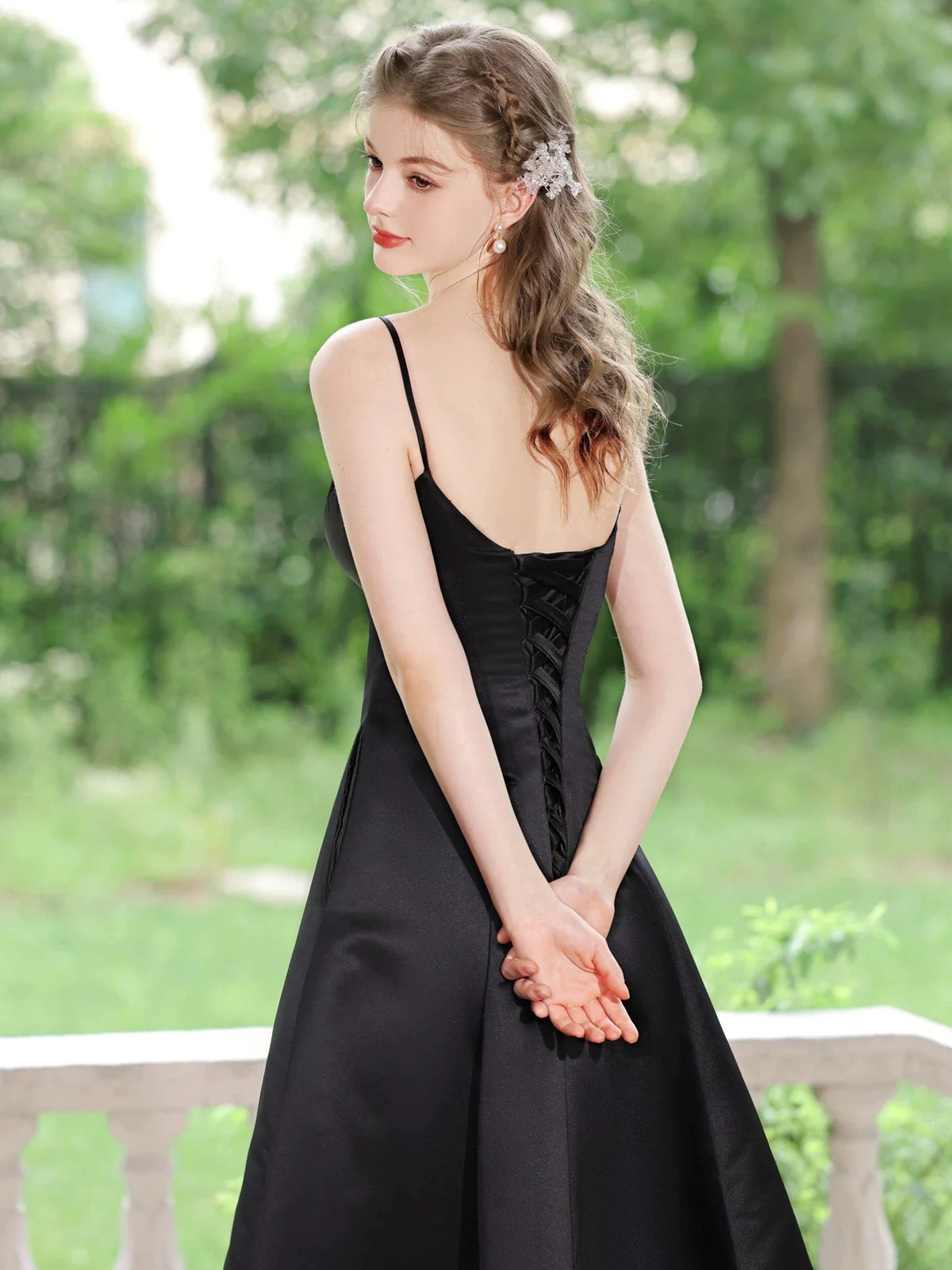 Simple V Neck Satin Tea Length Black Prom Dress, Black Formal Dress - Deanwangkt