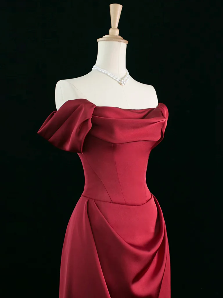 A-Line Off Shoulder Satin Burgundy Long Prom Dress, Burgundy Long Formal Dress - Deanwangkt