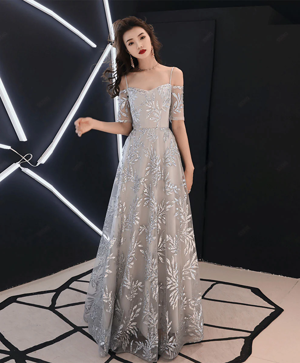 Gray Tulle Lace Long Prom Dress Gray Lace Evening Dress - Deanwangkt