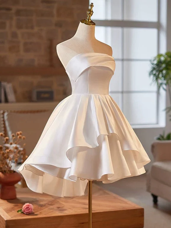 Simple Satin White Short Prom Dress, White Homecoming Dress - Deanwangkt