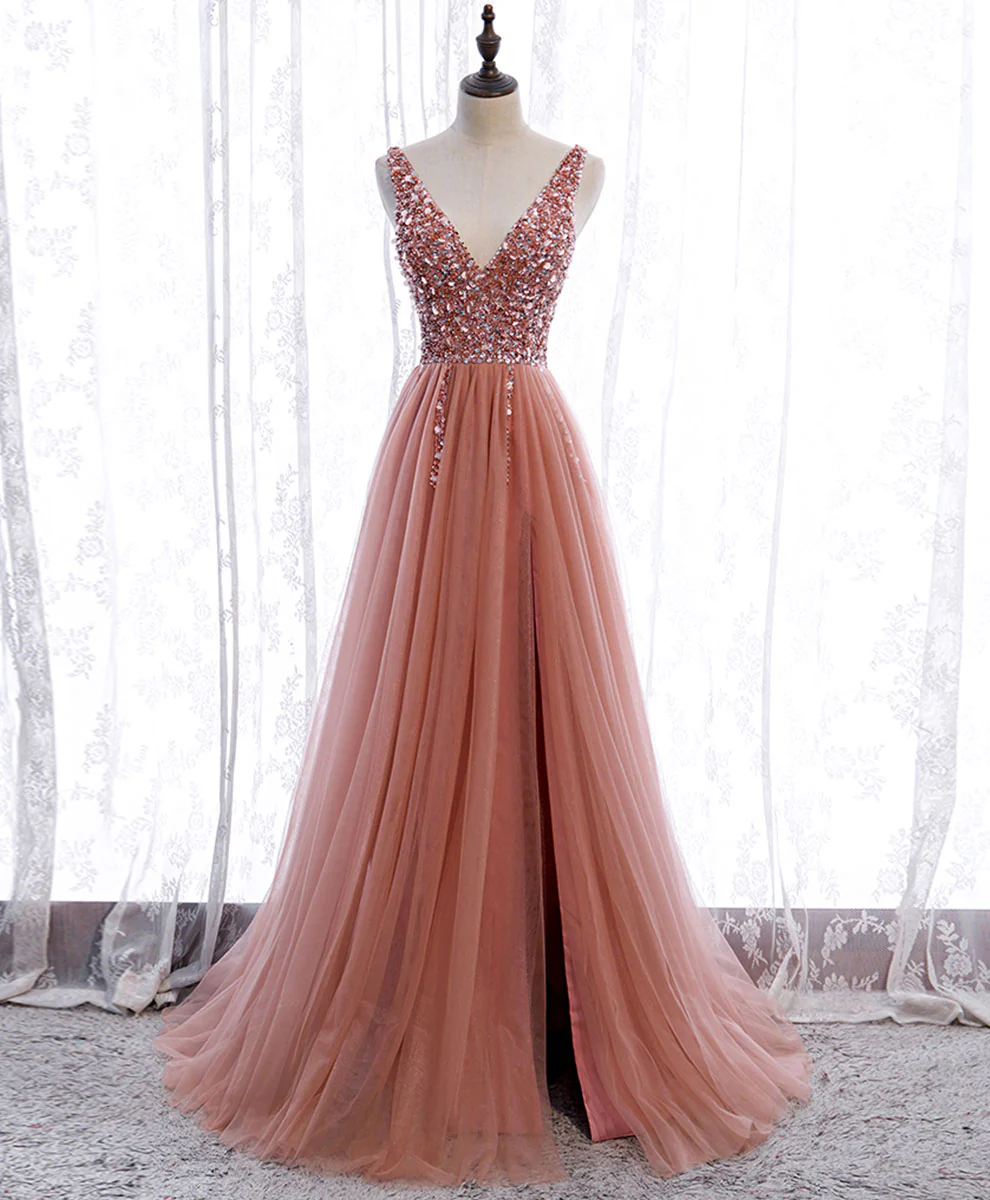 Pink V Neck Tulle Sequin Long Prom Dress, A line Pink Formal Dress with Beading Sequin - Deanwangkt