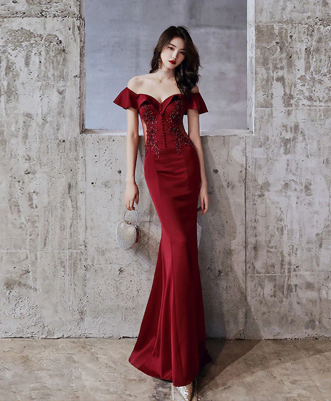 Burgundy Off Shoulder Mermaid Long Prom Dress Burgundy Evening Dress - Deanwangkt