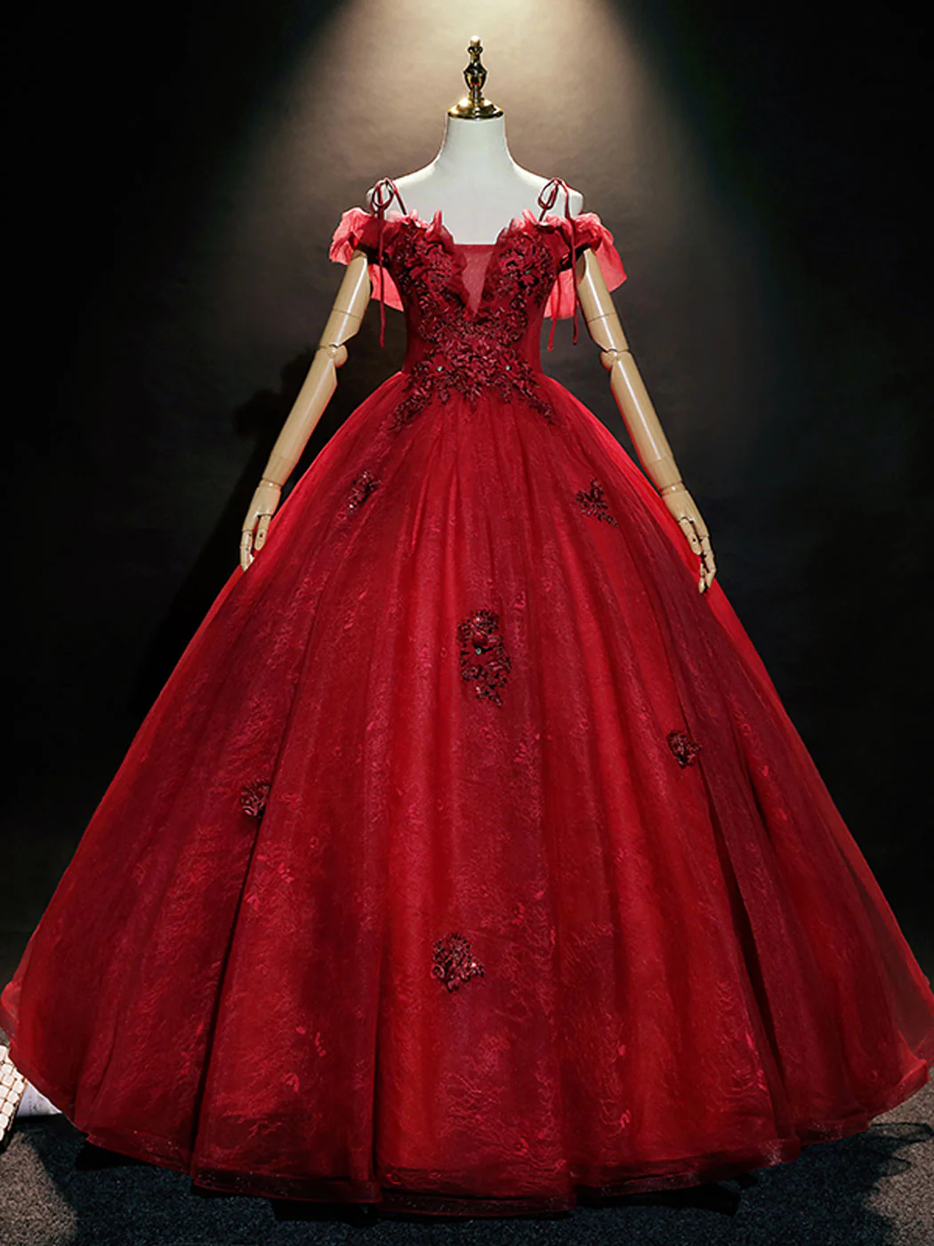 Burgundy Off Shoulder Tulle Lace Long Prom Dress, Burgundy Lace Sweet 16 Dress - Deanwangkt