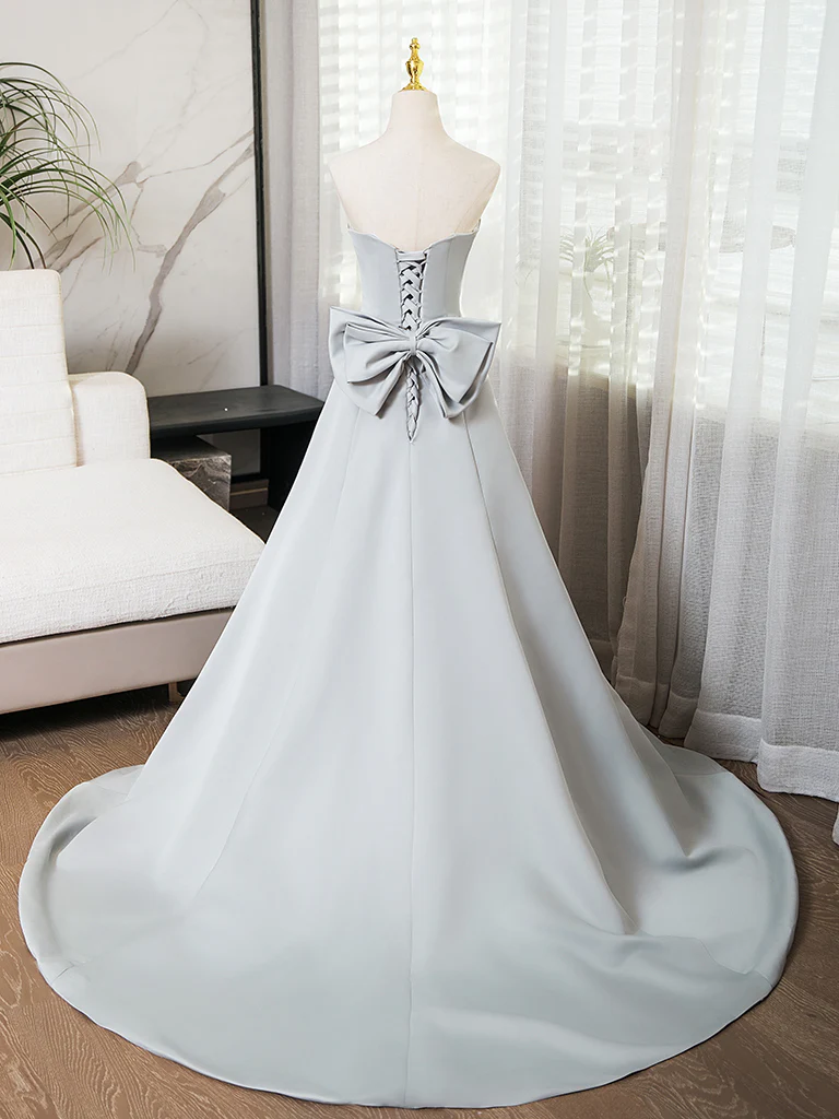 A-Line Sweetheart Neck Satin Gray Long Prom Dress, Gray Long Formal Dress - Deanwangkt