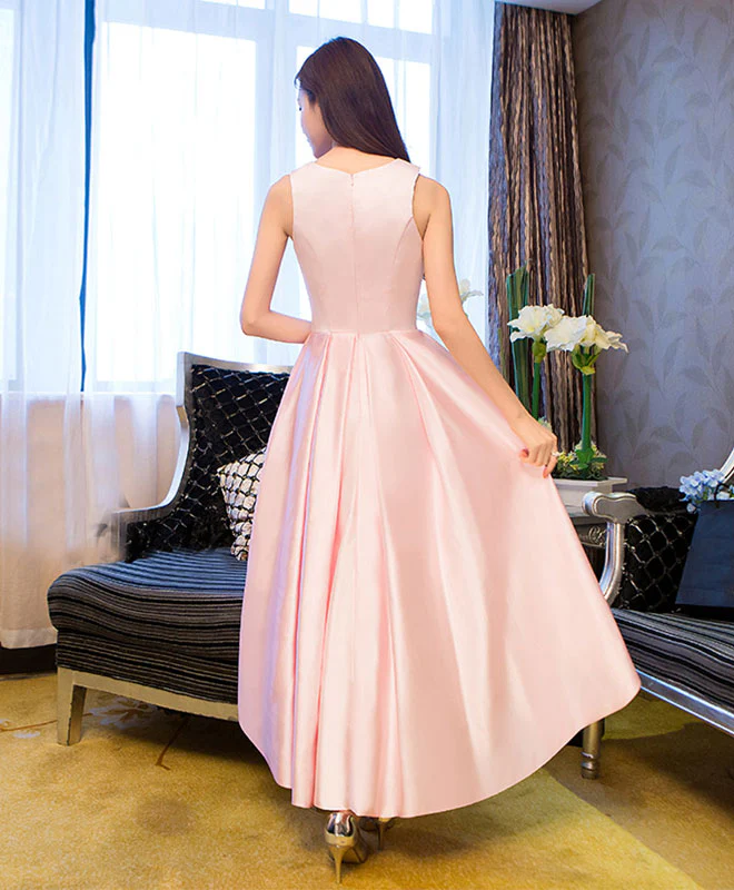 Simple Pink Satin Tea Length Prom Dress, Pink Homecoming Dresses - Deanwangkt