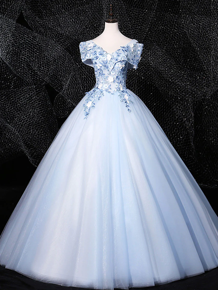 Blue V Neck Tulle Lace Long Formal Prom Dresses. Blue Sweet 16 Dresses - Deanwangkt