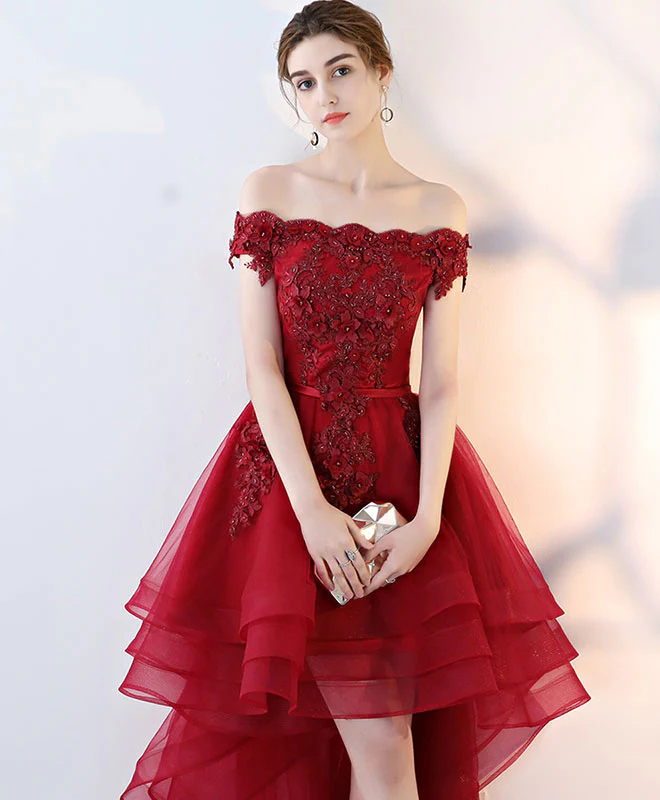 Burgundy Tulle Lace Off Shoulder Prom Dress Tulle Homecoming Dress - Deanwangkt
