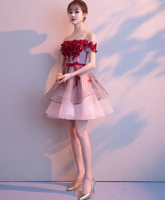 Pink Tulle Lace Short Prom Dress, Pink Tulle Homecoming Dress - Deanwangkt