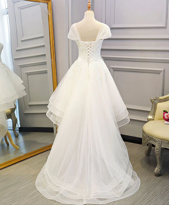 White Lace Tulle High Low Long Wedding Dress, Bridal Dress - Deanwangkt