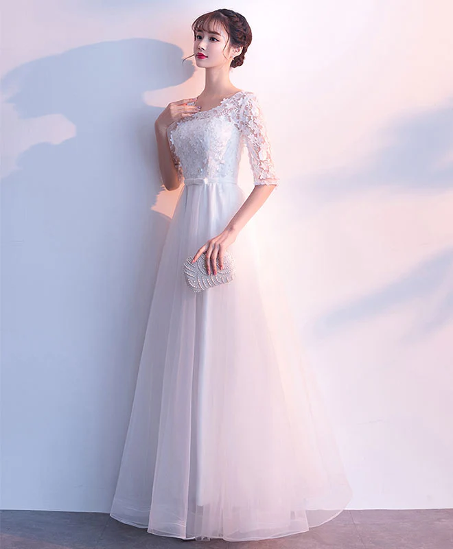 White Tulle Lace Long Prom Dress, White Tulle Lace Evening Dress - Deanwangkt