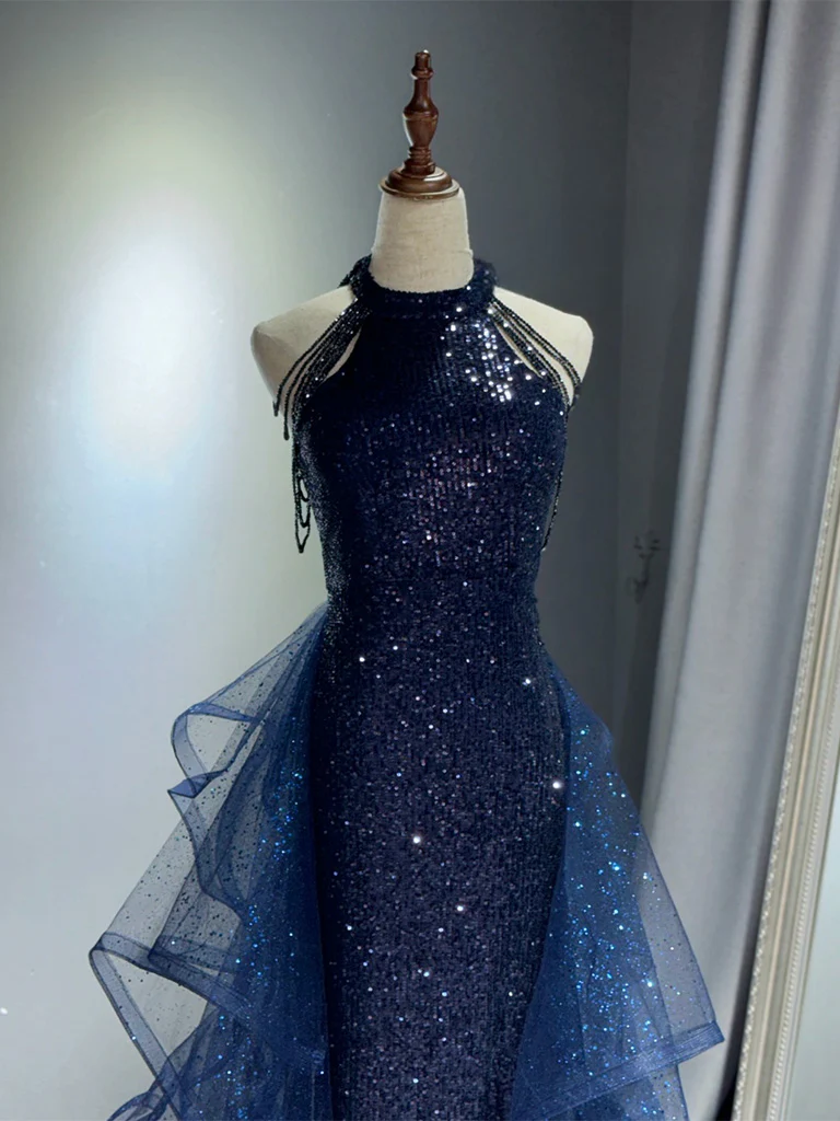 A-Line Tulle Sequin Dark Blue Long Prom Dress, Dark Blue Long Formal Dress - Deanwangkt