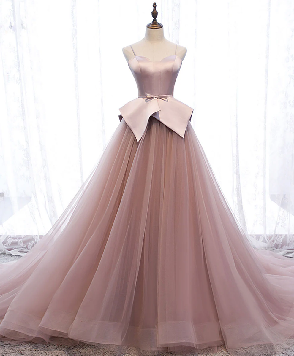 Pink Sweetheart Tulle Long Prom Gown Pink Tulle Formal Dress - Deanwangkt