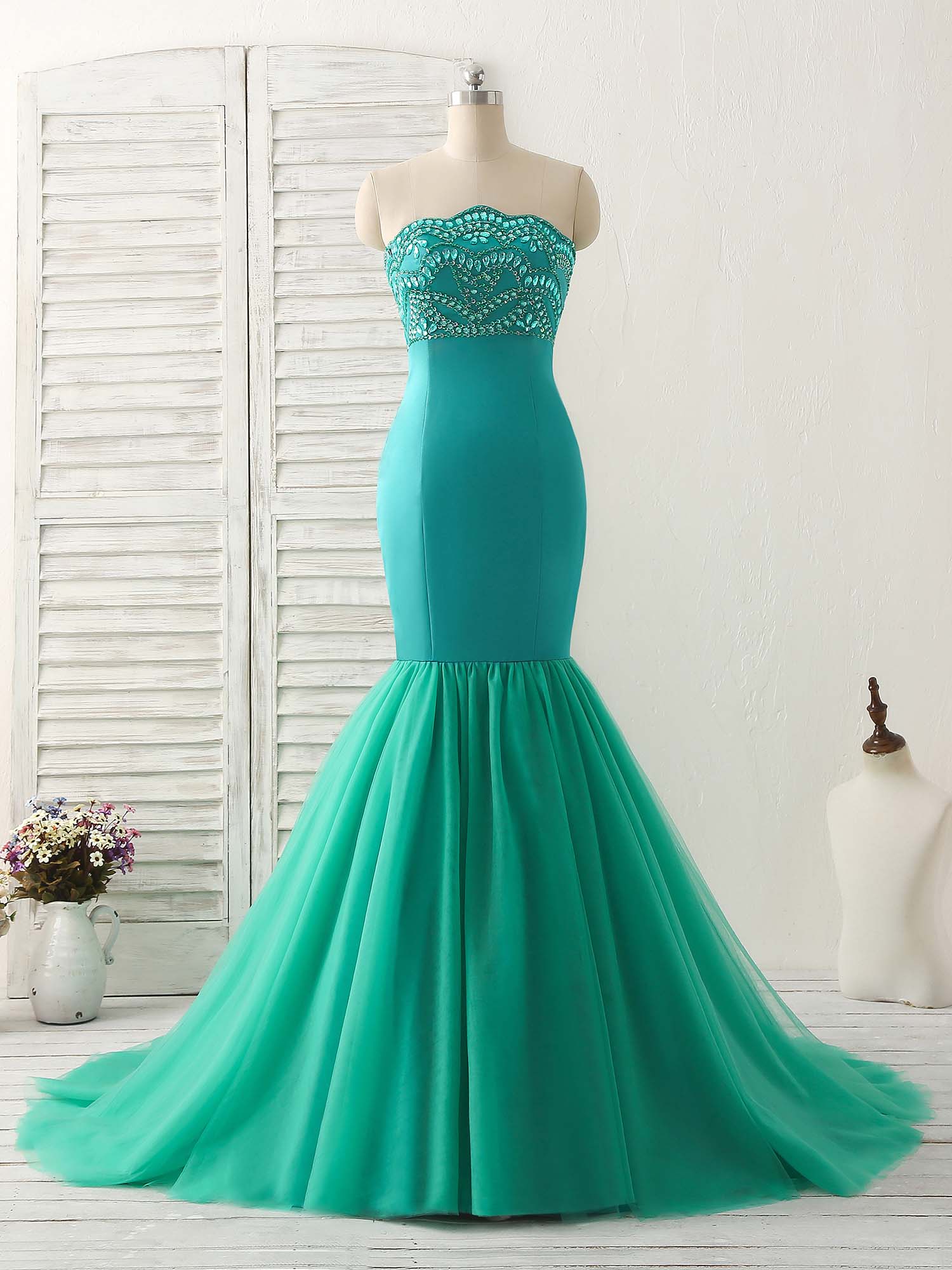 Green Tulle Mermaid Long Prom Dress Green Evening Dress - Deanwangkt