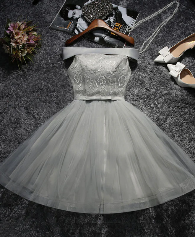 Cute Gray Lace Tulle Short Prom Dress, Gray Homecoming Dress - Deanwangkt