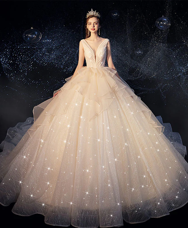 Champagne Tulle Wedding Dress, Champagne Tulle Bridal Gown - Deanwangkt