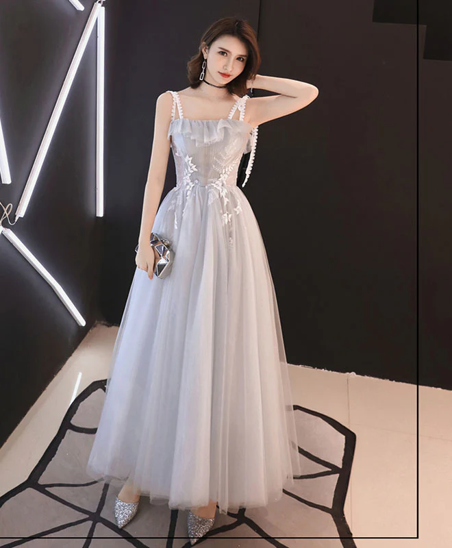 Gray Tulle Tea Length Prom Dress, Gray Tulle Evening Dress - Deanwangkt