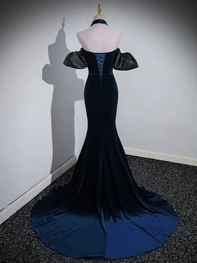 Trumpet/Mermaid Velvet Dark Blue Long Prom Dress with Beads - Deanwangkt