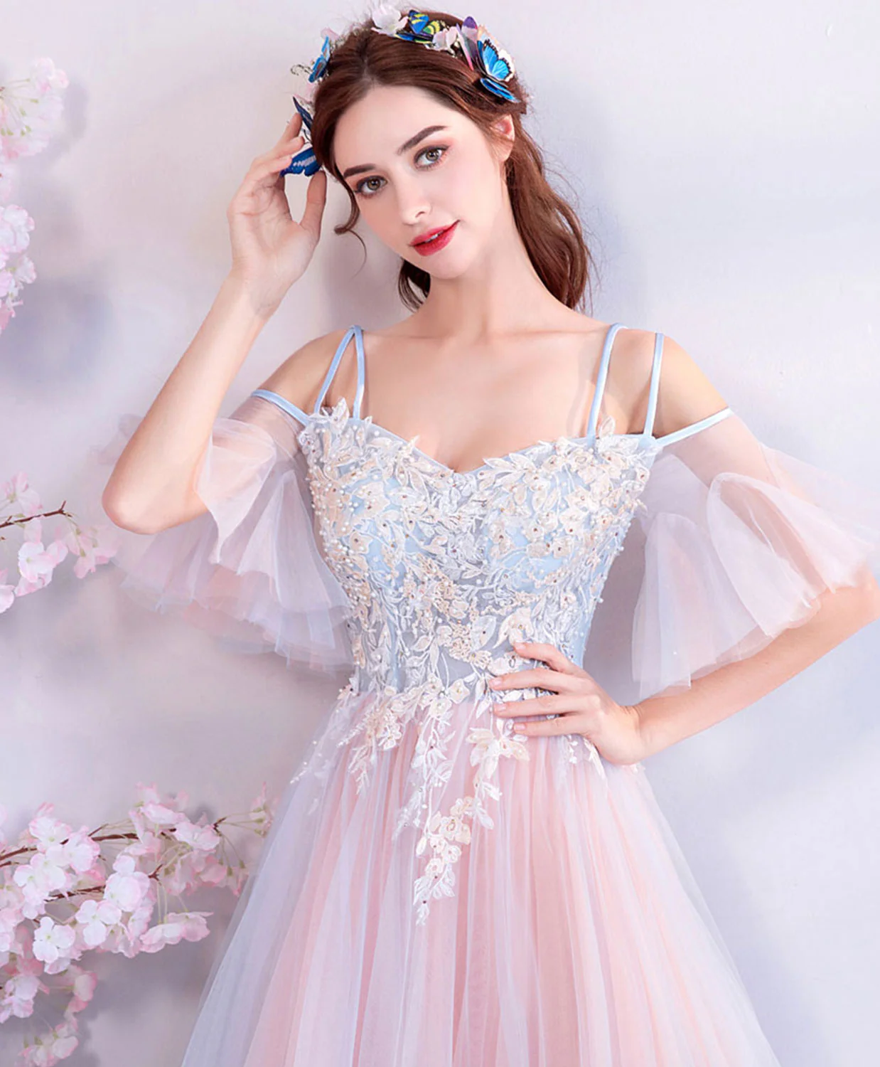 Unique Pink Tulle Lace Applique Long Prom Dress, Pink Formal Party Dresses - Deanwangkt