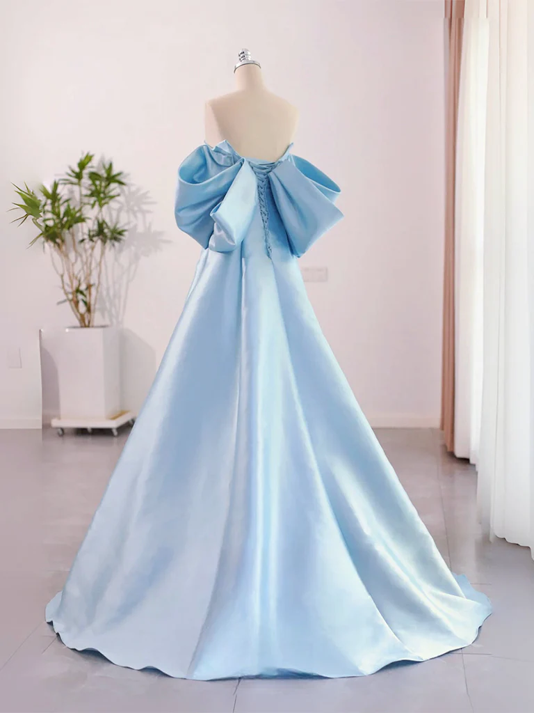 A-Line Sweetheart Neck Satin Blue Long Prom Dress, Blue Long Formal Dress - Deanwangkt