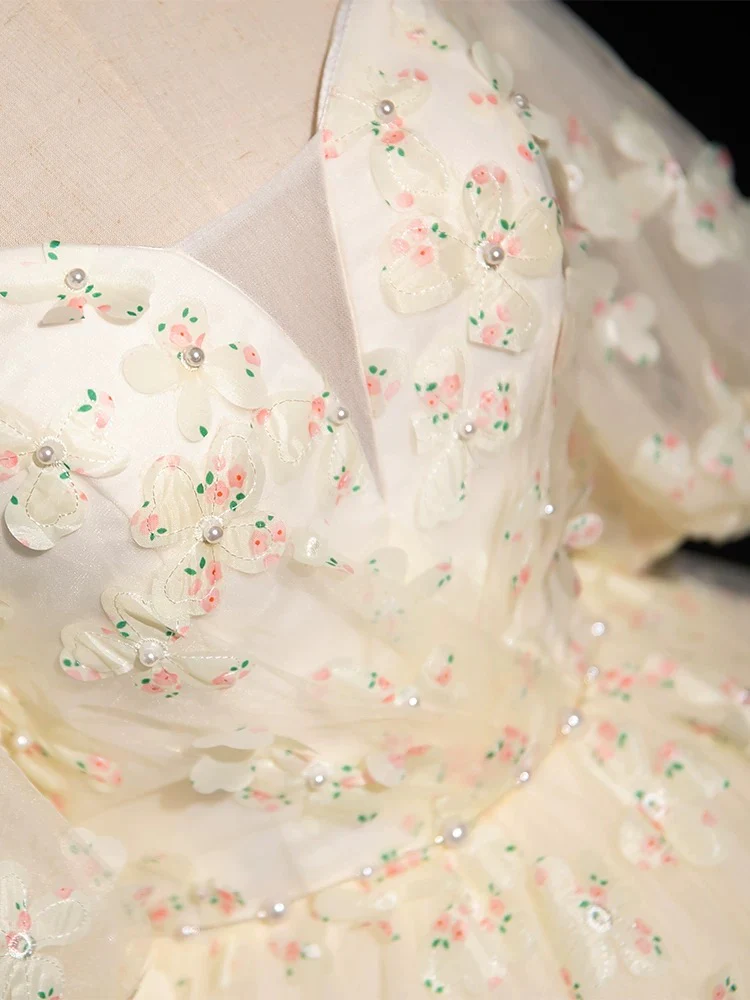 A-Line Puff sleeves Tulle Lace Champagne Long Prom Dress, Champagne Formal Dress - Deanwangkt