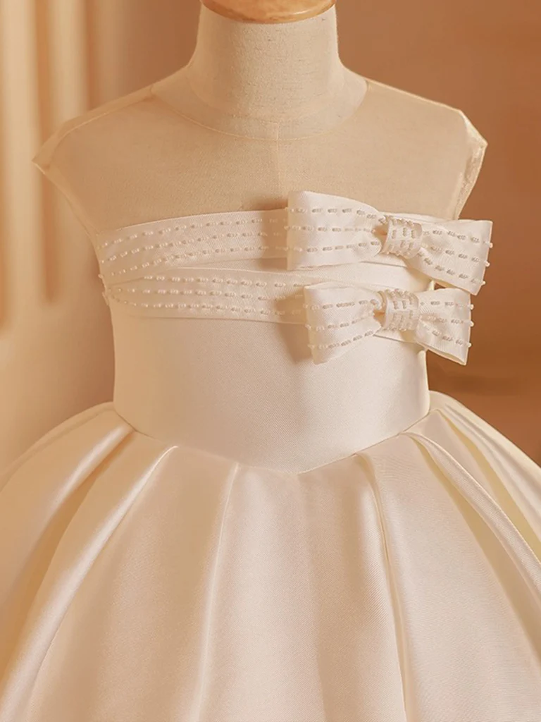 Cute Satin Beige Tea Length Flower Girl Dress - Deanwangkt