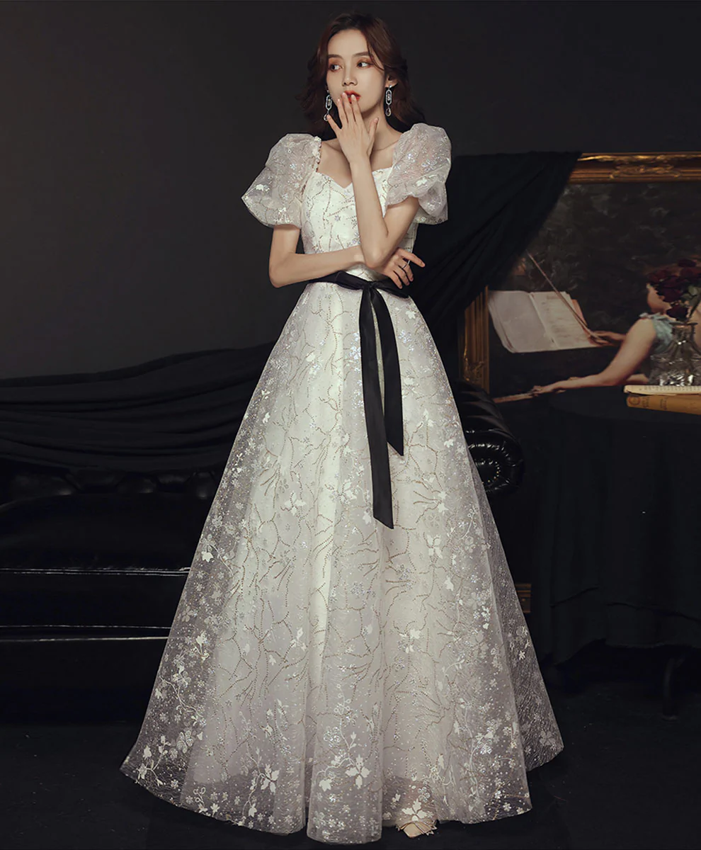 A line White Tulle Lace Sequin Long Prom Dress, White Formal Graduation Party Dress - Deanwangkt