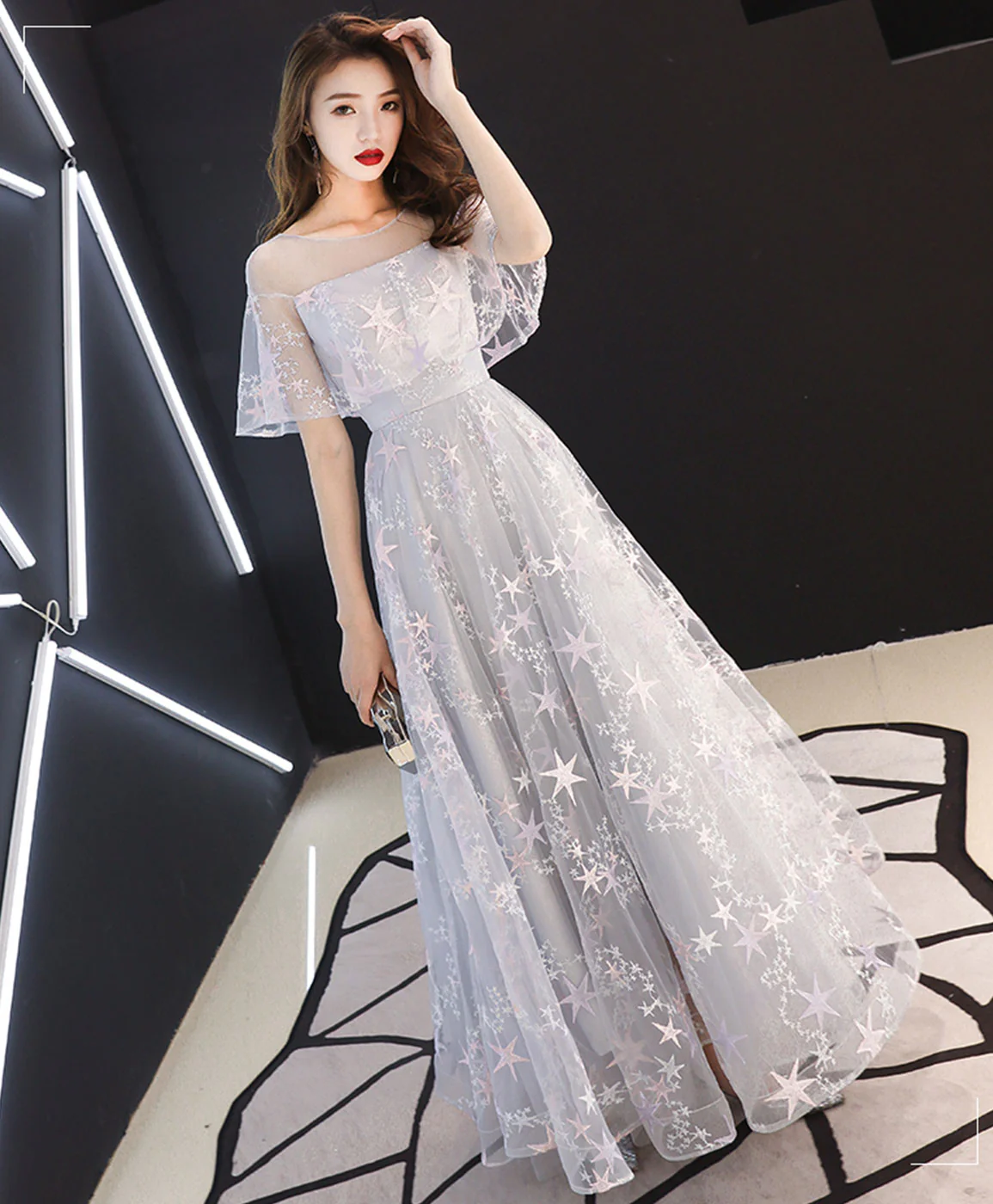 Gray Tulle Lace Long Prom Dress Gray Tulle Formal Dress - Deanwangkt