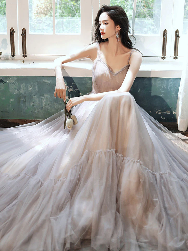 Simple Gray V Neck Tulle Long Prom Dress Gray Formal Dress - Deanwangkt