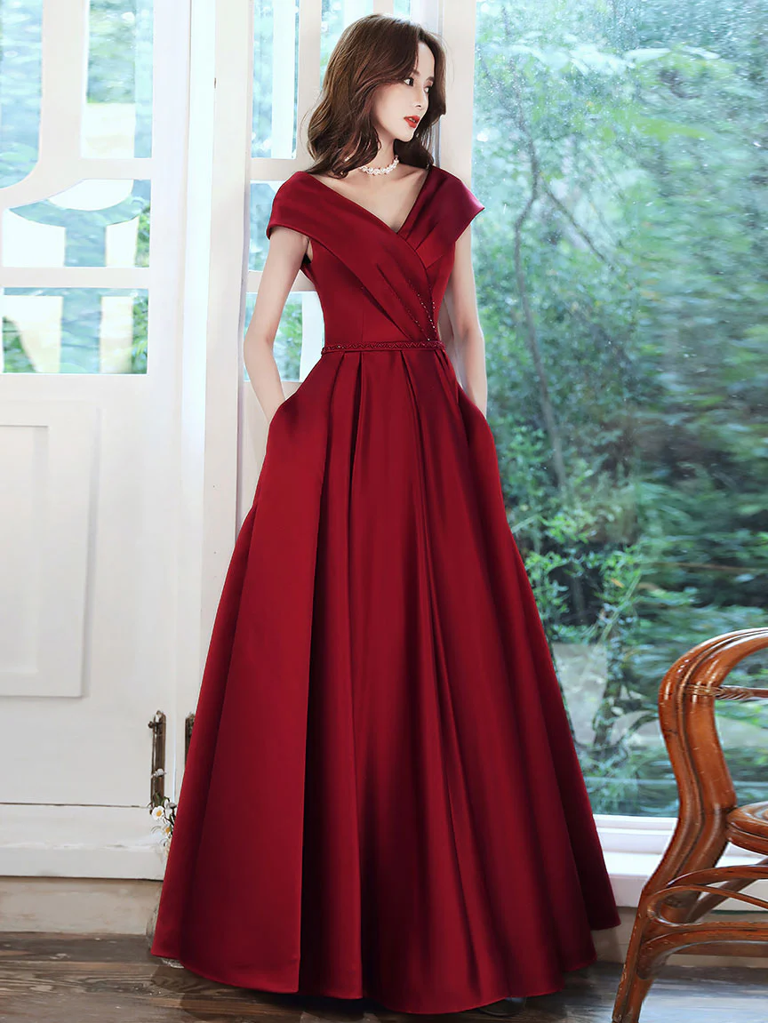 Simple V Neck Burgundy Long Prom Dress, Burgundy A-line Formal Dresses - Deanwangkt