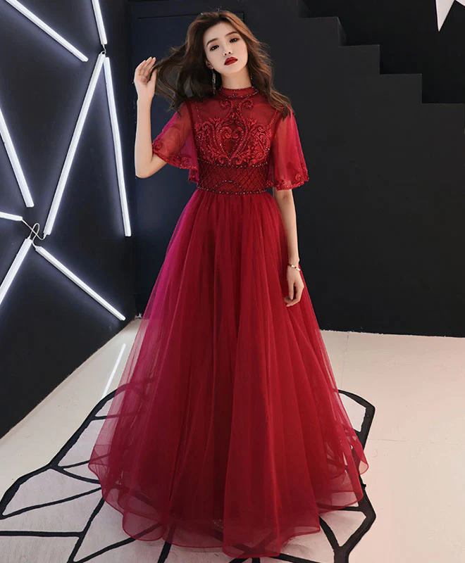 Burgundy Tulle Lace Long Prom Dress, Burgundy Evening Dress - Deanwangkt