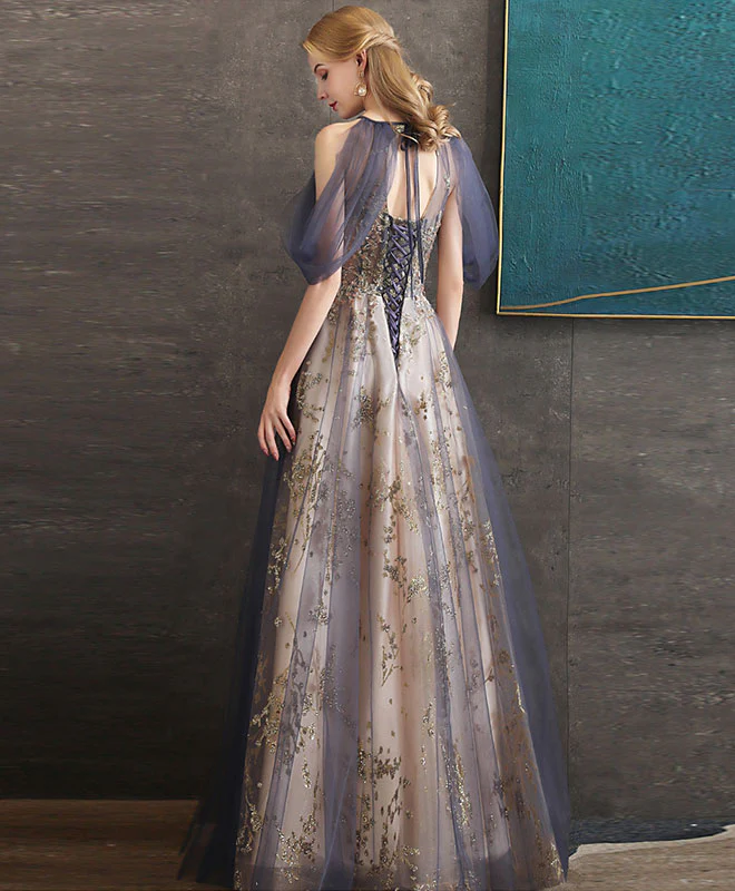 Gray Blue High Neck Tulle Lace Long Prom Dress Gray Tulle Formal Dress - Deanwangkt
