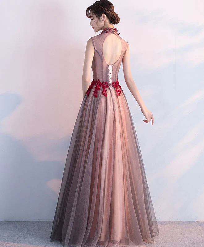 Burgundy Tulle Lace Long Prom Dress, Burgundy Evening Dress - Deanwangkt