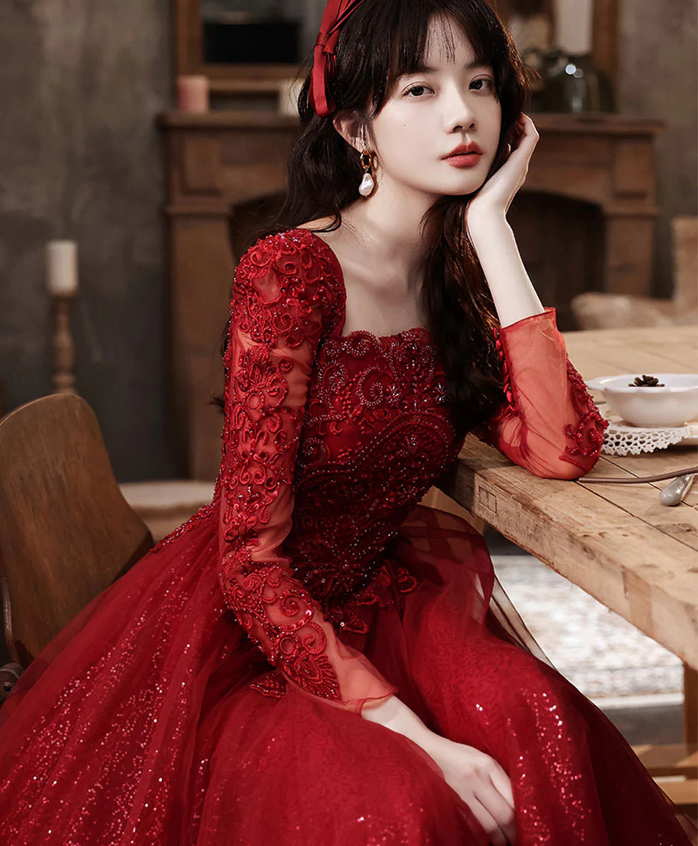 Burgundy Aline Lace Long Prom Dress, Burgundy Tulle Formal Graduation Dress - Deanwangkt
